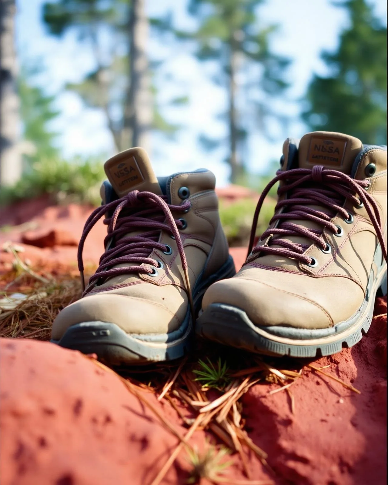 Worn hiking boots resting on red rock