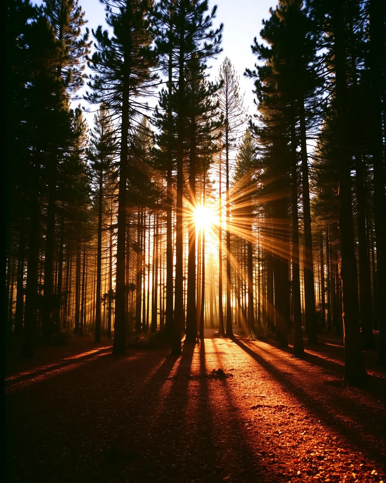 Sunbeams through a tall pine forest at golden hour