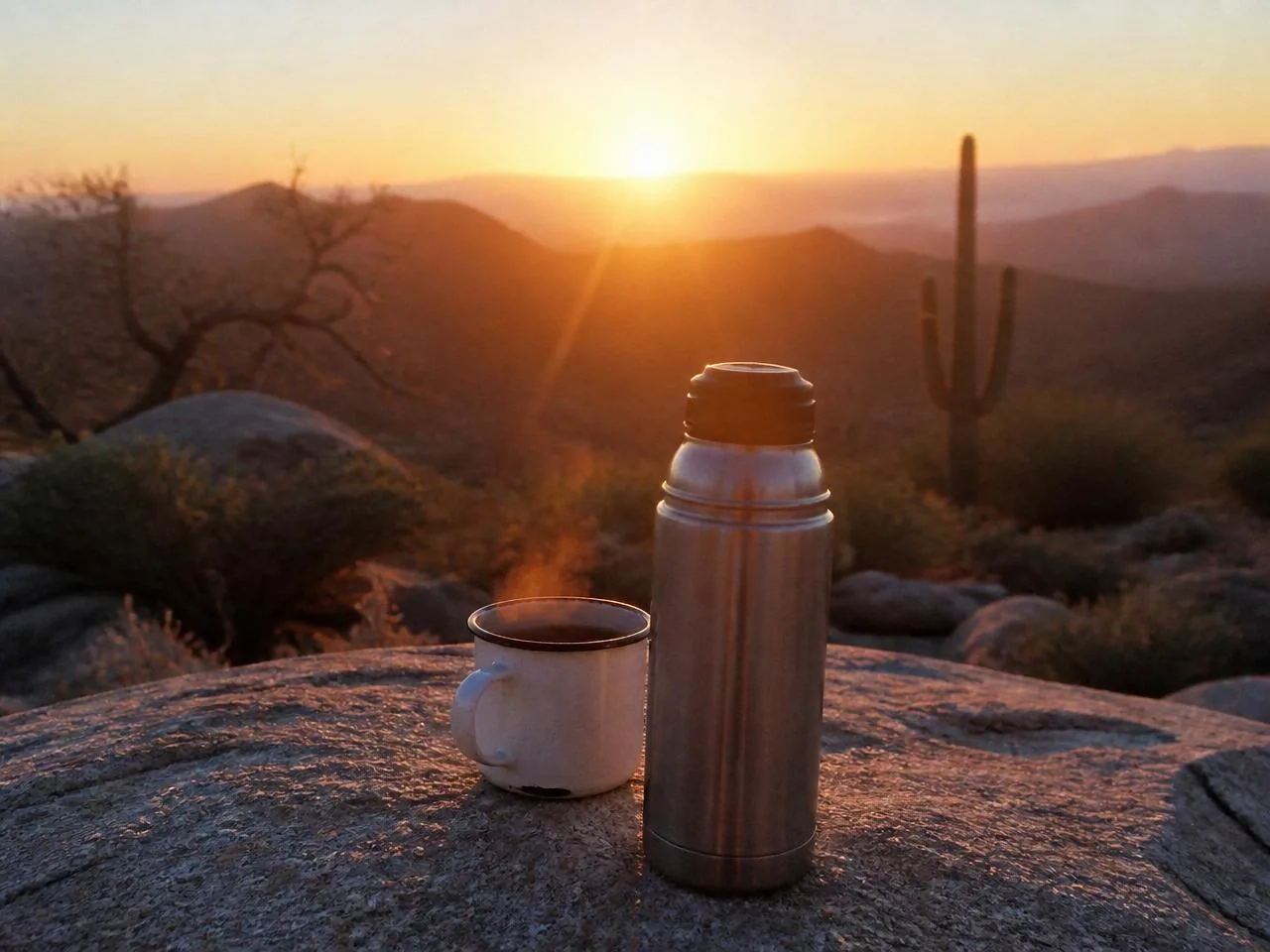 A stainless steel thermos and enamel mug resting on a granite rock at sunrise over the Bradshaw Mountains